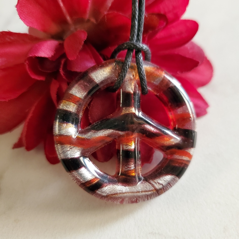 N113 Murano Style Glass Tigered Peace Sign Pendant